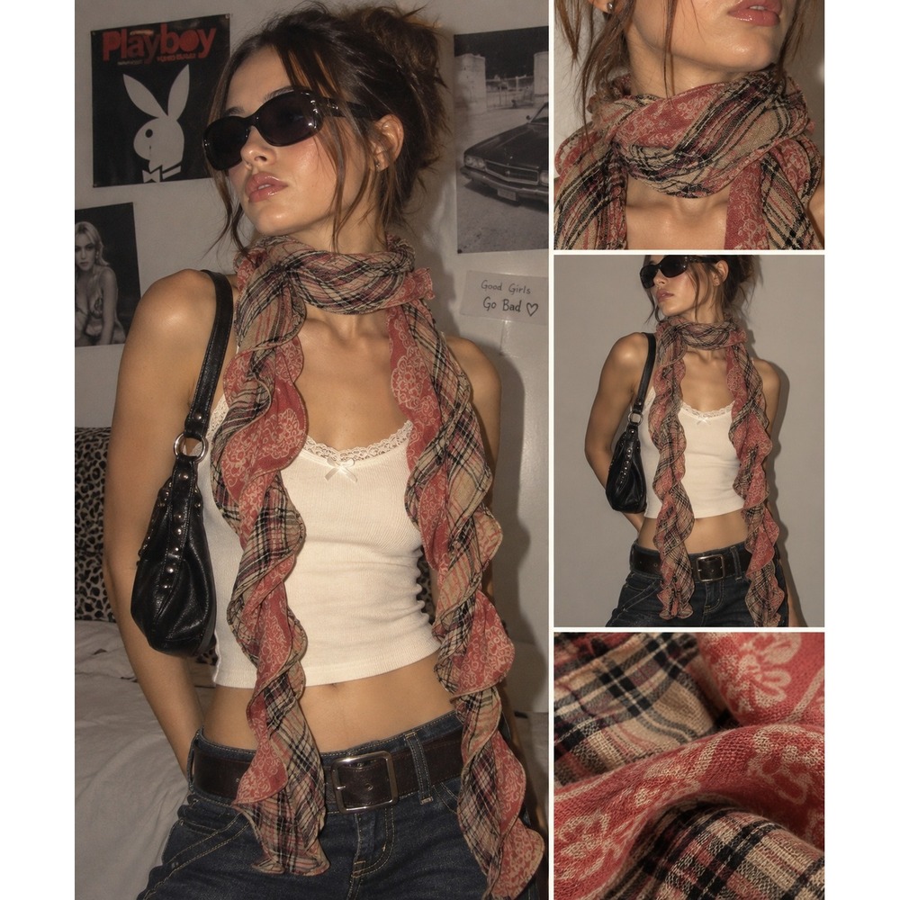 Ruffle Scarf Red Plaid Paisley Boho Grunge Y2K Coquette 2000s Vintage Neck Scarf